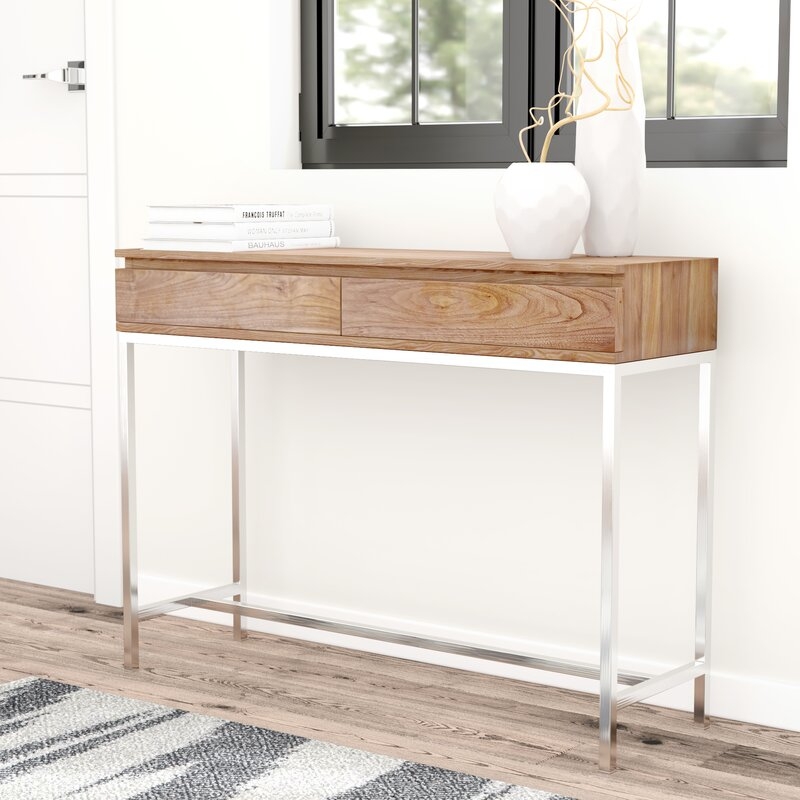 Console Table Walnut Wood Top Polished Silver Frame Dual Drawers