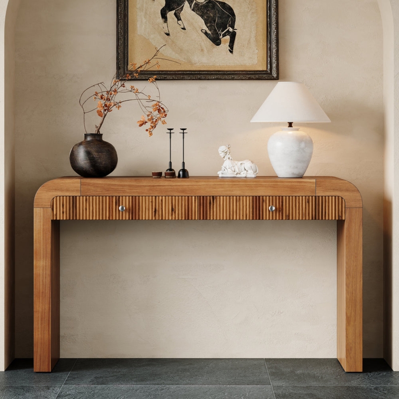 Console Table Warm Oak Fluted Curved Silhouette Dual Drawers
