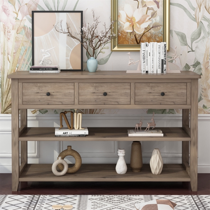 Console Table Wash Gray Three Drawers Two Open Shelves Farmhouse
