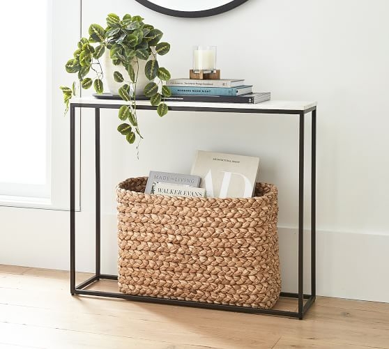 Console Table White Marble Top Matte Black Open Base Slim Profile