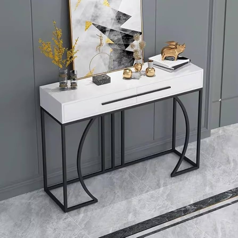 Console Table White Top Arched Metal Legs Dual Drawers Slim