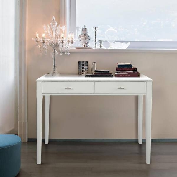 Console Table White Transitional Two Drawers Silver Pulls