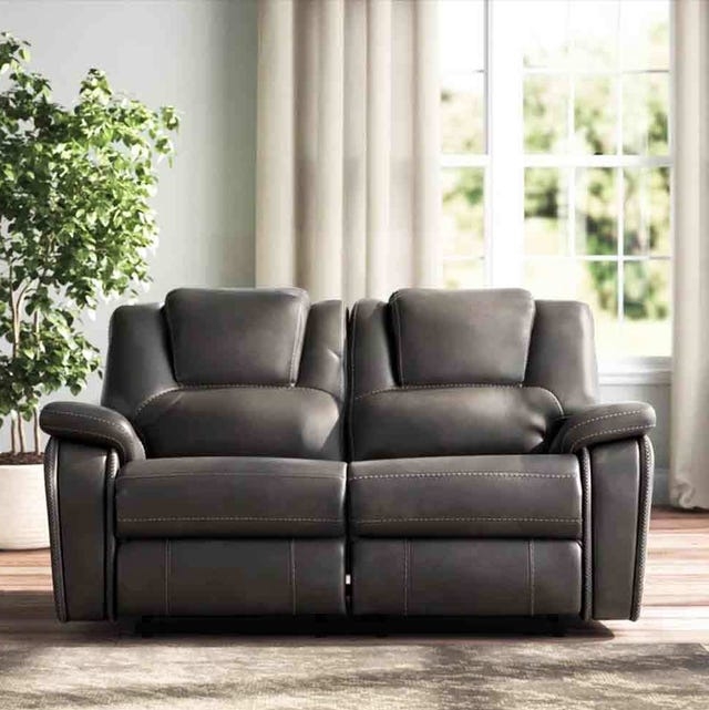 Contemporary Charcoal Gray Reclining Loveseat Contrast Stitch