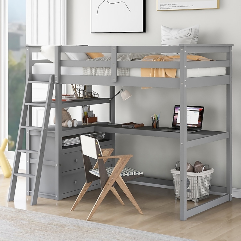 Contemporary Gray Loft Bed with L-Shaped Desk and Integrated Dresser