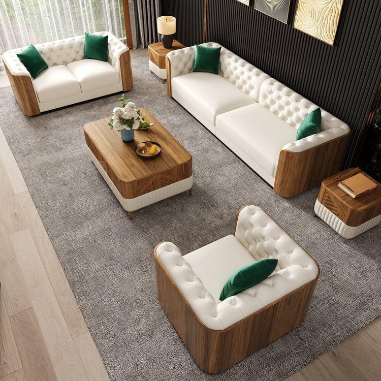 Contemporary Living Room Set: Walnut Wood Wrap Frame & Ribbed White Base