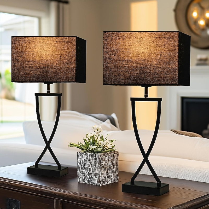 Contemporary Matte Black Geometric X-Base Table Lamp Set