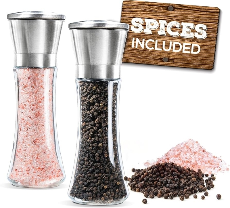Contemporary Tabletop Spice Set: Glass Vessel & Brushed Metal Cap