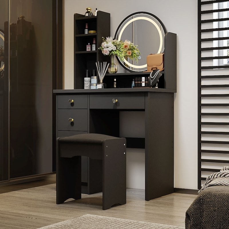 Contemporary Vanity, Circular LED Mirror & Vertical Shelves