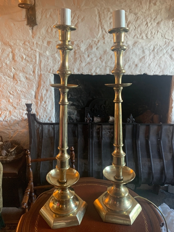 Converted Candlestick Lamp with Large Hexagonal Base & Drip Pans