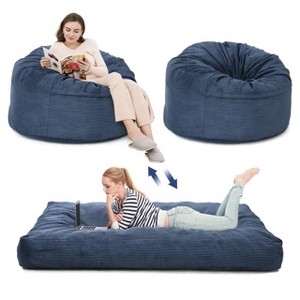 Convertible Bean Bag Bed, Navy Blue Ribbed Fabric Floor Lounger