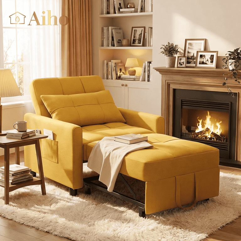Convertible Chair Mustard Yellow 3 In 1 Design Pocket Storage