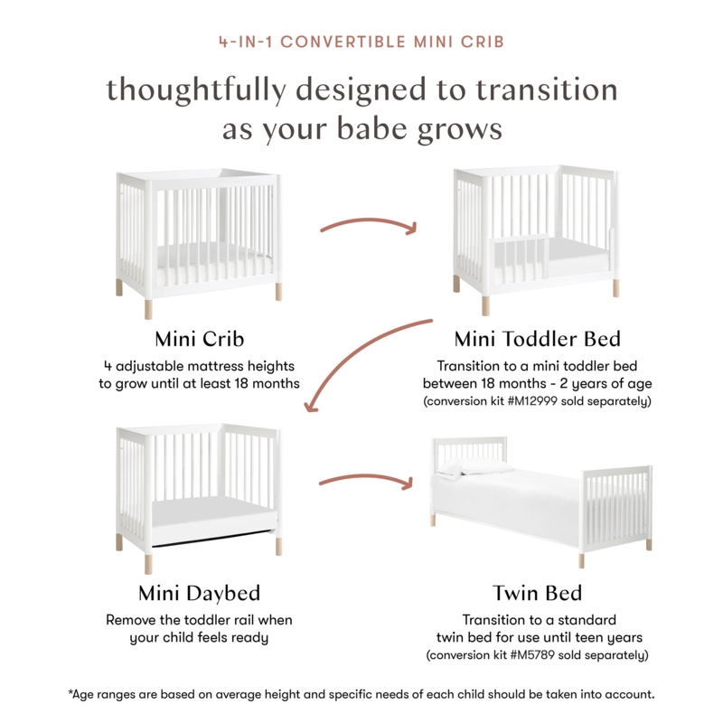 Convertible Mini Crib with Mini Footprint and Tapered Legs White