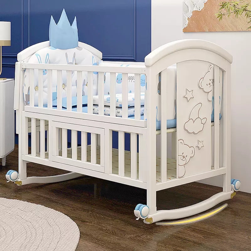 Convertible Rocking Baby Crib in White with Whimsical Bear Motif