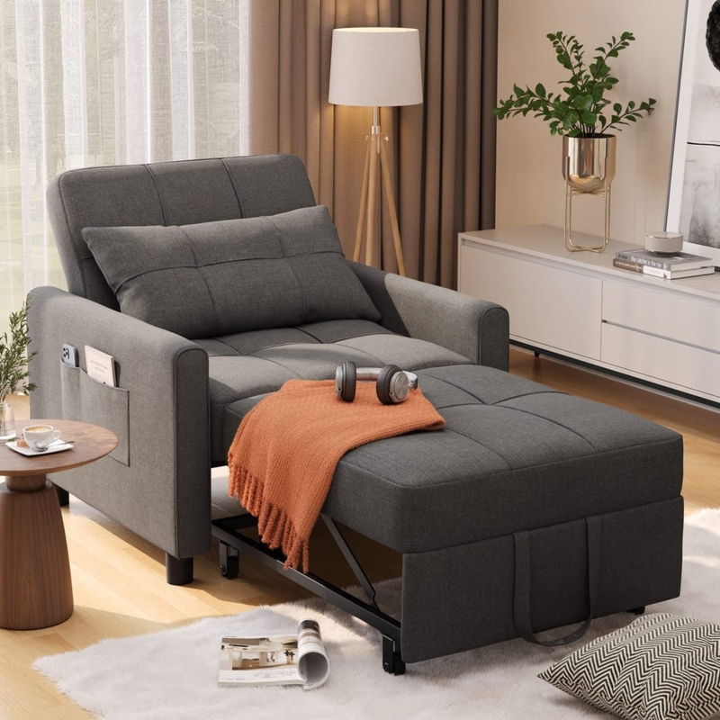 Convertible Sleeper Chair Grey Tufted Side Storage Pocket