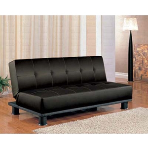 Convertible Sofa Black Leather Like Armless Grid Tufted Low Profile