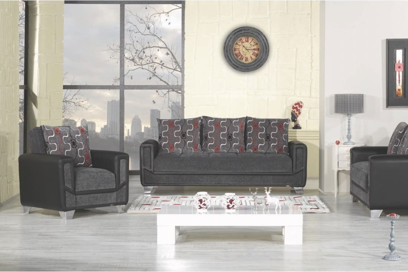 Convertible Sofa Two Tone Wavy Patterned Cushions Chrome Feet Modern