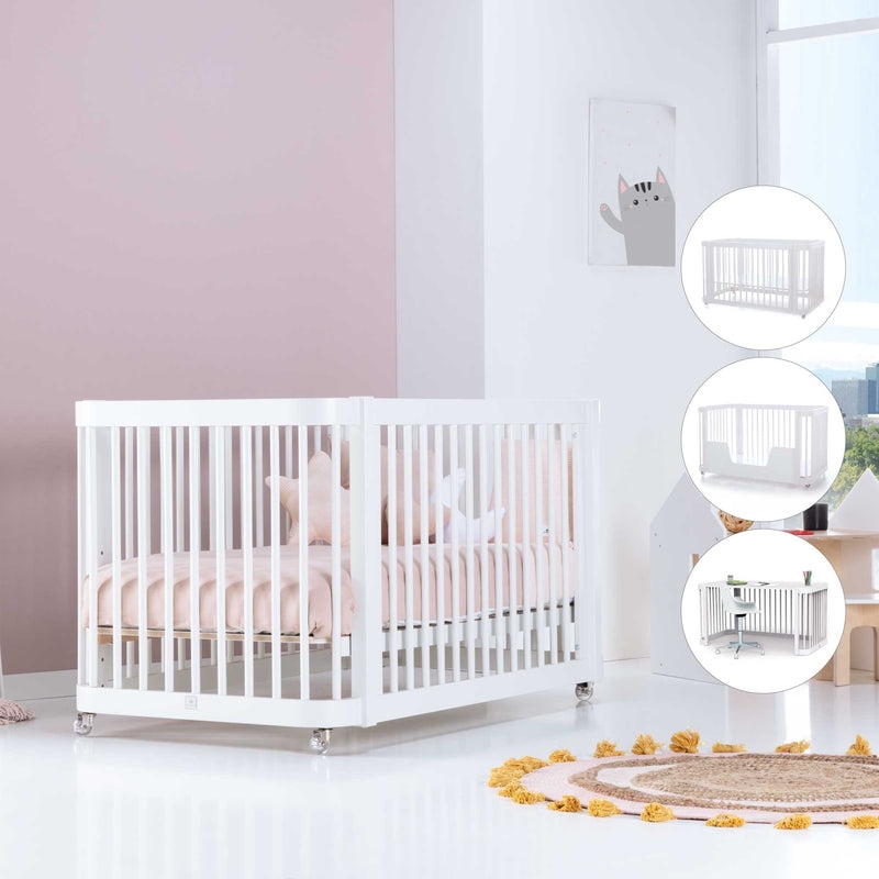 Convertible White Crib with Rounded Corners and Wood Base