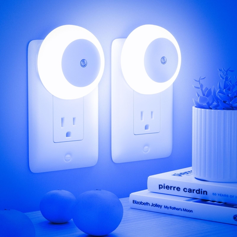 Cool Blue LED Night Light, Modern Circular Plug-In with Halo Glow