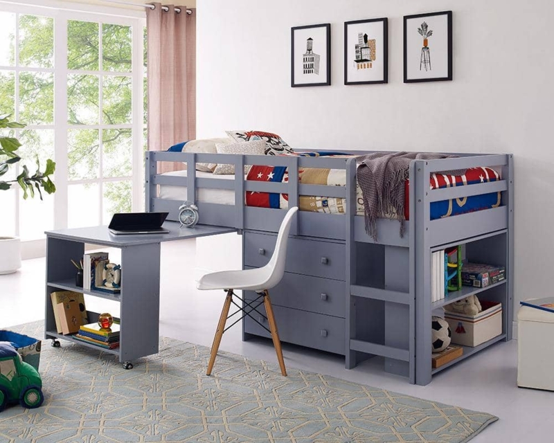 Cool Grey Loft Bed with Pull-Out Desk and Three-Drawer Dresser