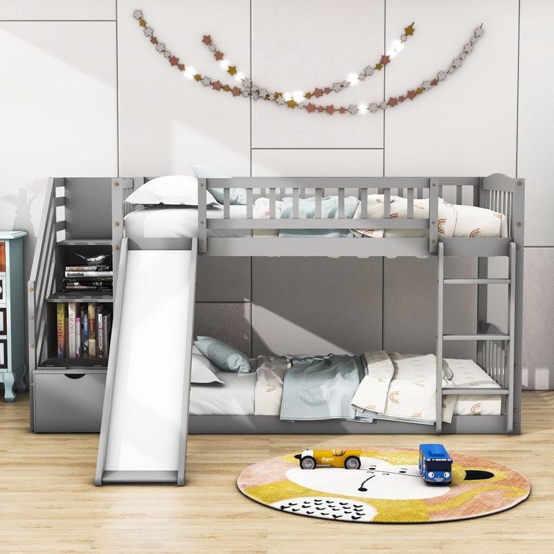 Cool Grey Twin Bunk Bed with Integrated Slide and Storage Staircase