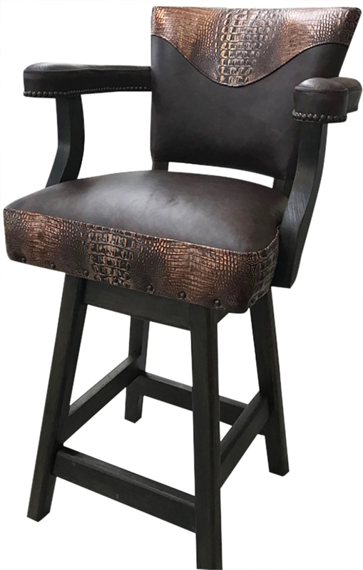 Copper Gator Swivel Barstool with Integrated Armrests and Distressed Leather
