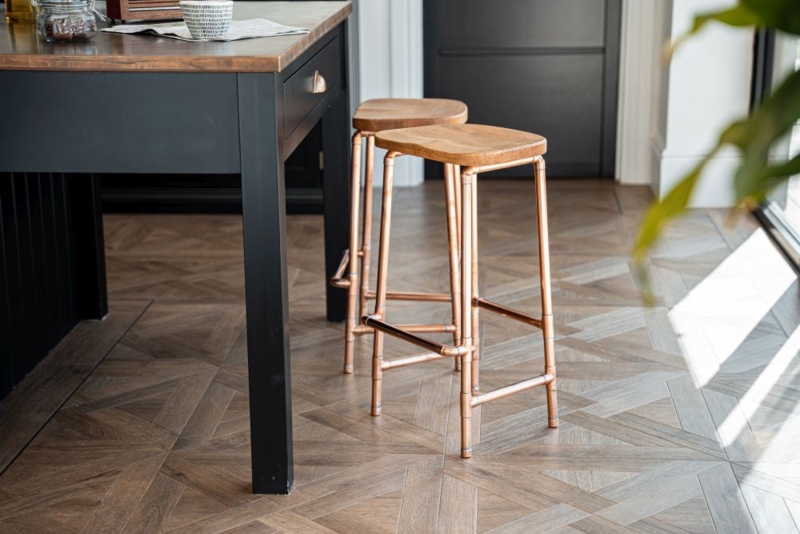 Copper Pipe Bar Stools with Wood Saddle Seat and Joint Fittings