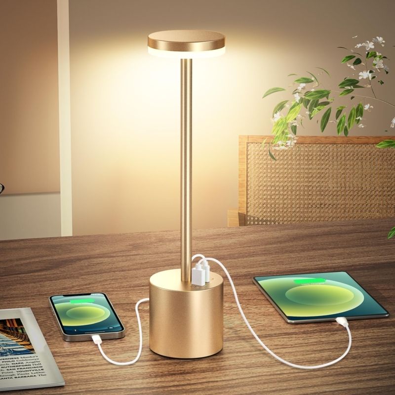 Cordless Table Lamp Brushed Brass Dual USB Base Circular Head