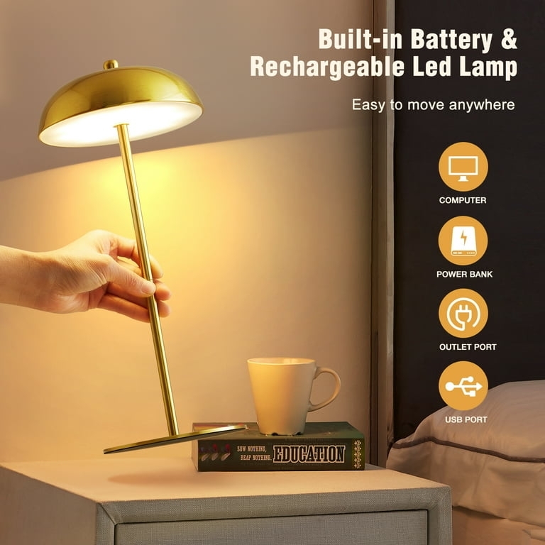 Cordless Table Lamp Polished Gold Mushroom Shade Touch Dimmable