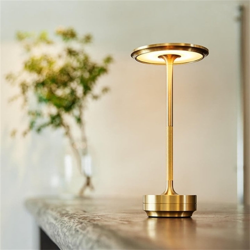 Cordless Table Lamp Ring Light Head Brushed Gold Tiered Base