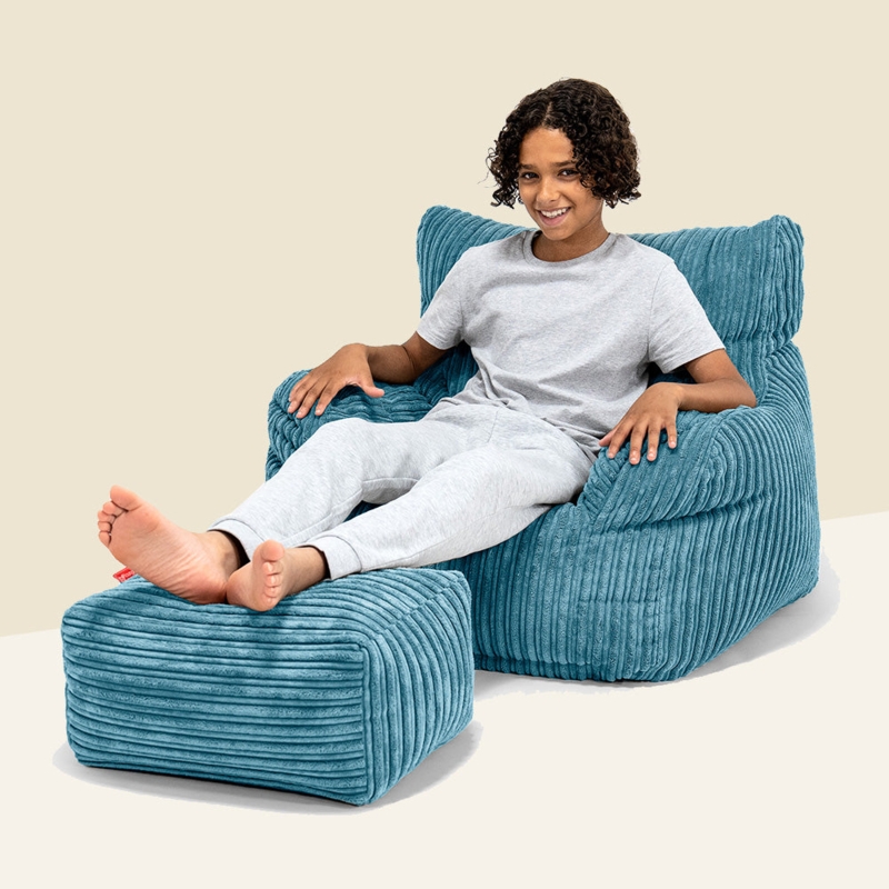 Corduroy Bean Bag Armchair Set with Matching Ottoman, Teal Blue