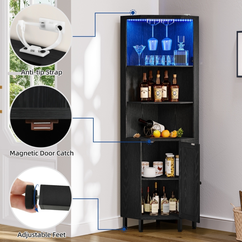 Corner Bar Cabinet: Modern Black Finish, Blue LED Lighting, Lower Cabinet