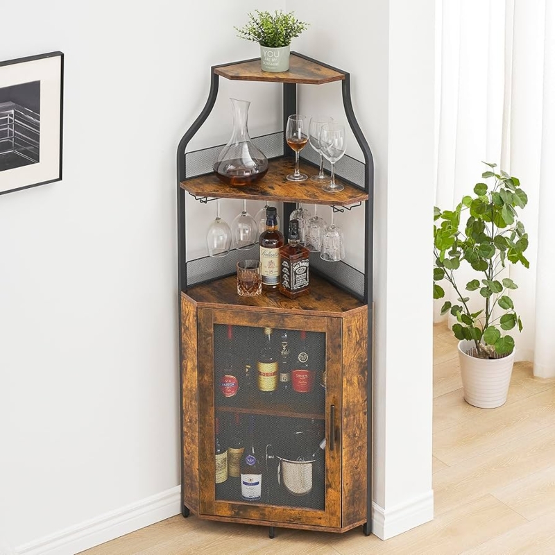 Corner Bar Cabinet: Retro Brown & Black, Mesh Door, Curved Frame Details