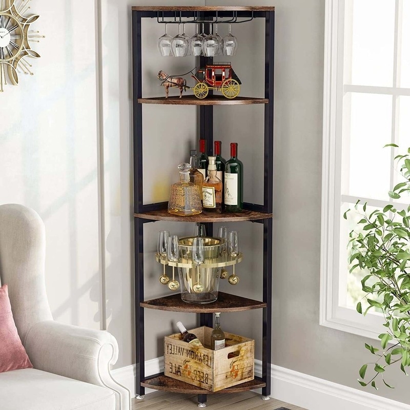 Corner Bar Rack: Five-Tier Shelving with Distressed Wood Finish