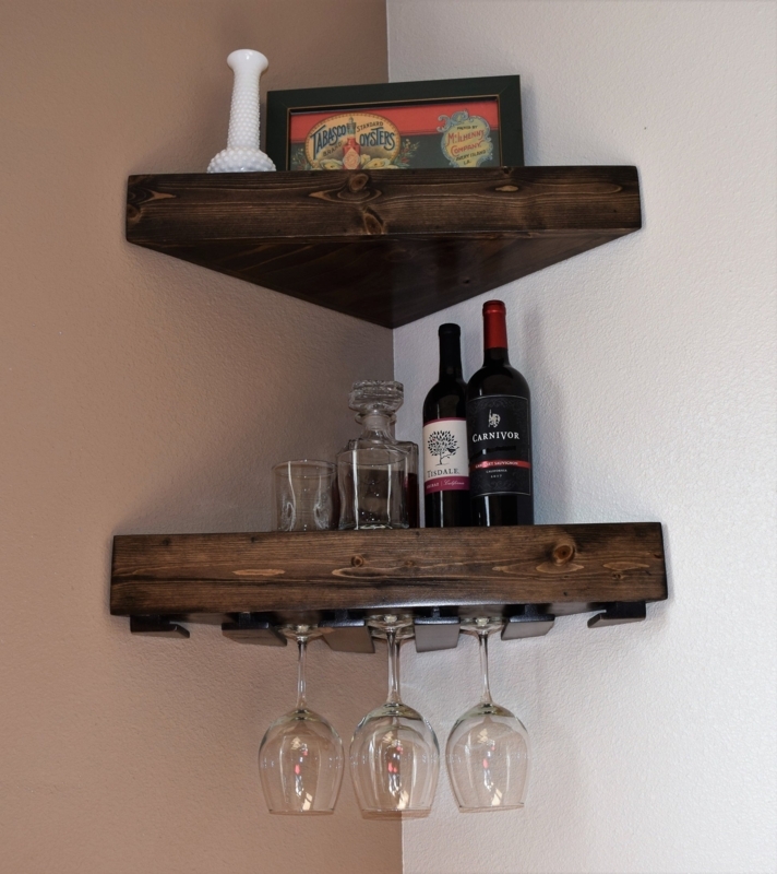 Corner Bar Shelf: Handcrafted Chunky Wood, Stemware Rack & Floating