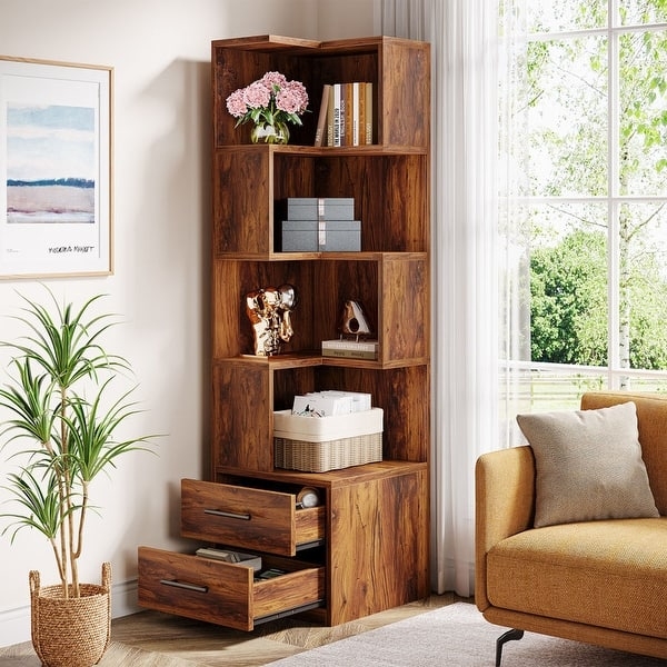 Corner Bookcase, Staggered Shelving, Dual Drawers, Walnut Finish