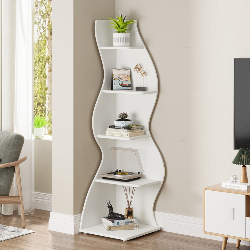 Corner Bookcase, Wavy Side Panels, Five Tier Design