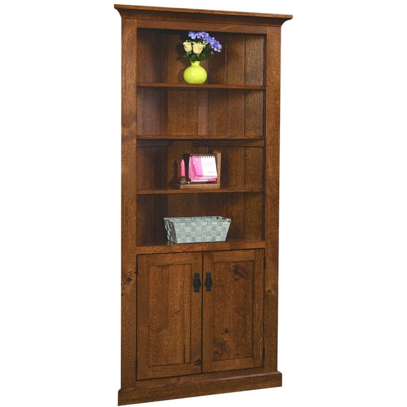 Corner Bookcase With Plank Back, Bottom Cabinet, Mission Style