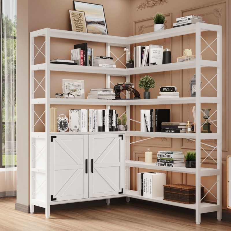 Corner Bookshelf With Barn Door Cabinet, L-Shaped Design