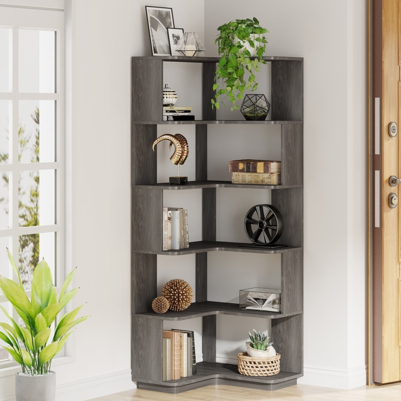 Corner Bookshelf With Staggered Shelves, Charcoal Grey, Six Tier