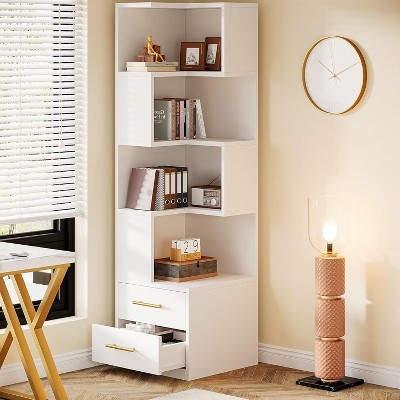Corner Bookshelf, Zig Zag Sides, Two Drawers, Modern White Corner Shelf