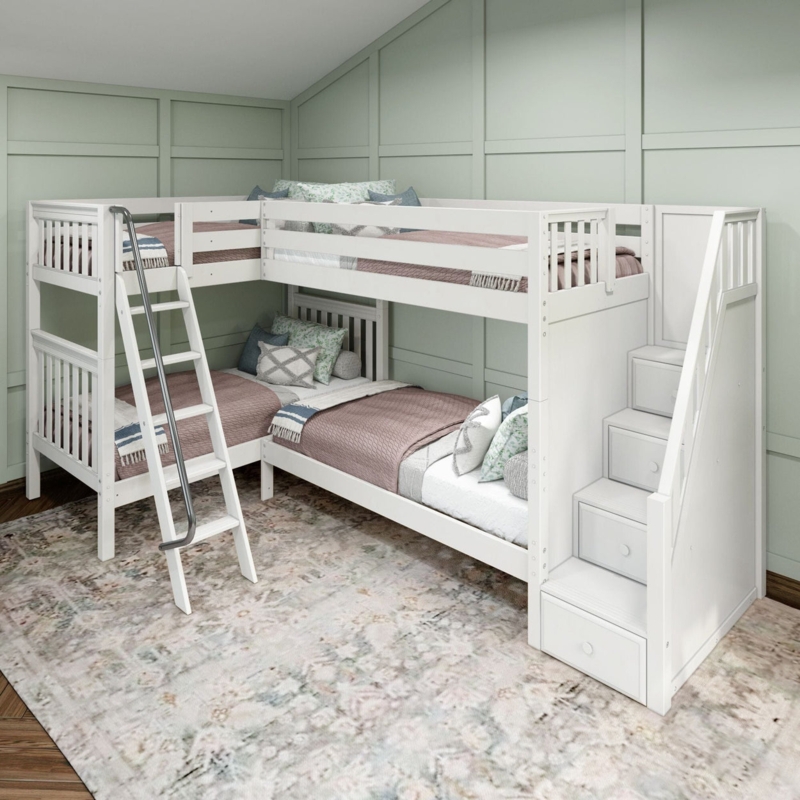 Corner Bunk Bed L-Shaped Crisp White Staircase Ladder