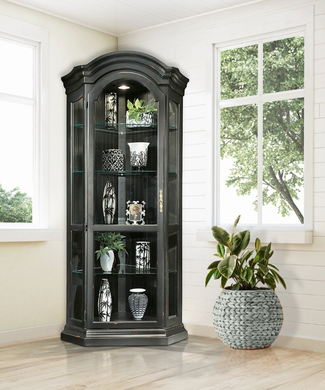 Corner Cabinet featuring Arched Top in Distressed Black Finish