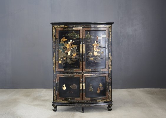 Corner Cabinet featuring Chinoiserie Scenes and Stone Inlay Details