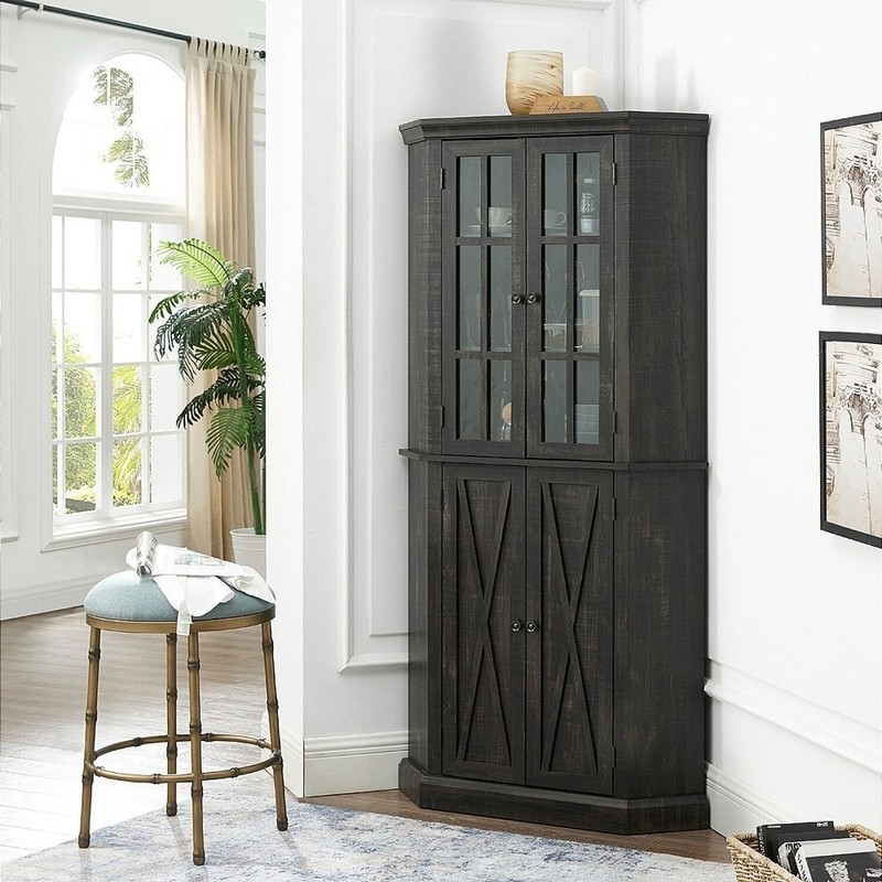 Corner Cabinet featuring X Brace Doors and Glass Muntins, Rustic Style