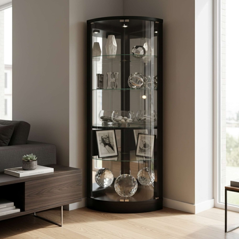 Corner Cabinet with Curved Glass Front and Interior Lighting