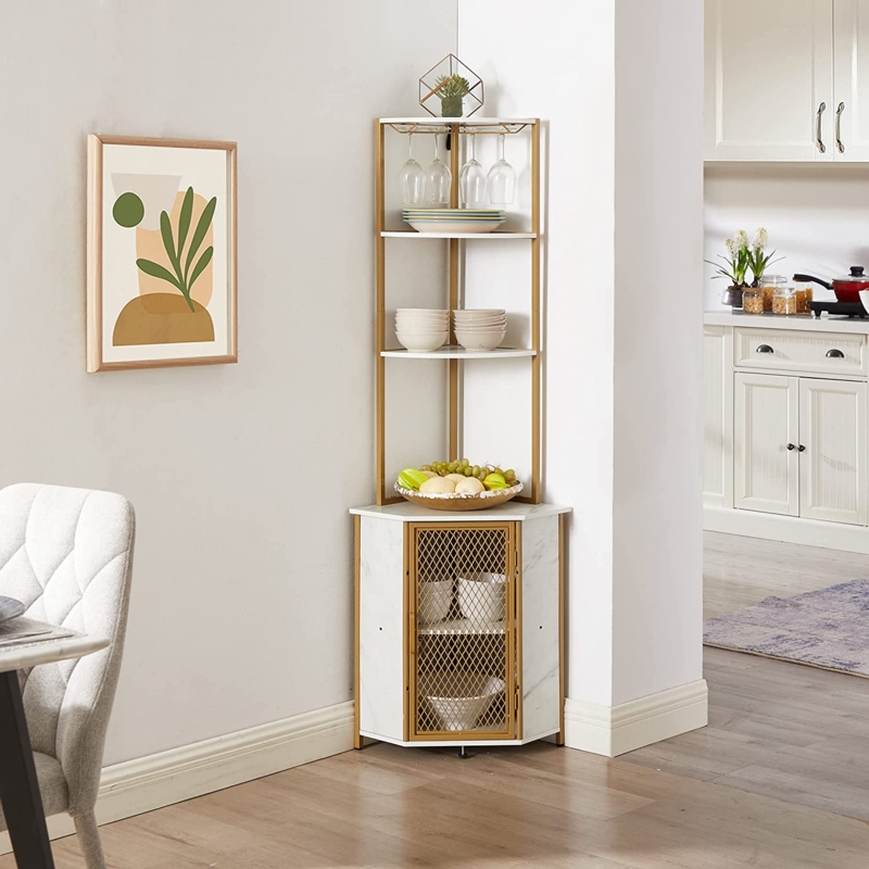 Corner Cabinet With Stemware Rack, Gold Mesh Door