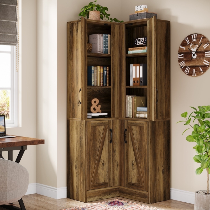 Corner Cabinet With X-Frame Doors, Rustic Brown Finish