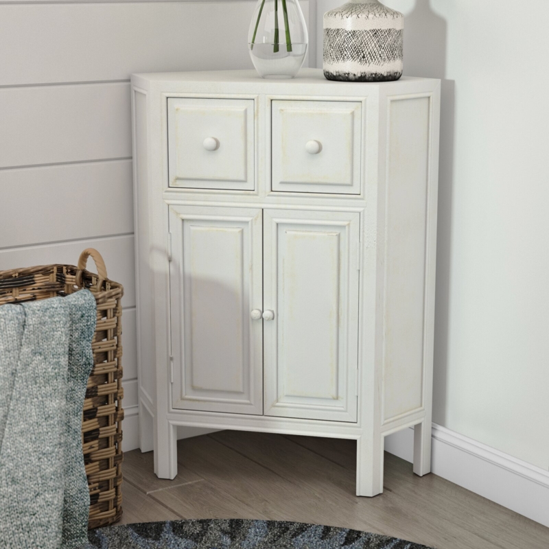 Corner Chest in Distressed White with Paneled Doors