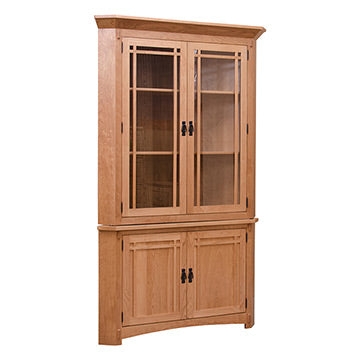 Corner China Cabinet featuring Craftsman Mullions and Arched Apron