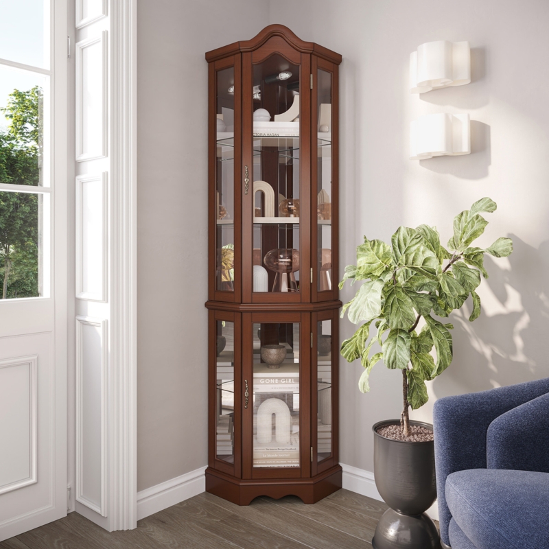 Corner Curio Cabinet Arched Top with Mirrored Back Traditional Style